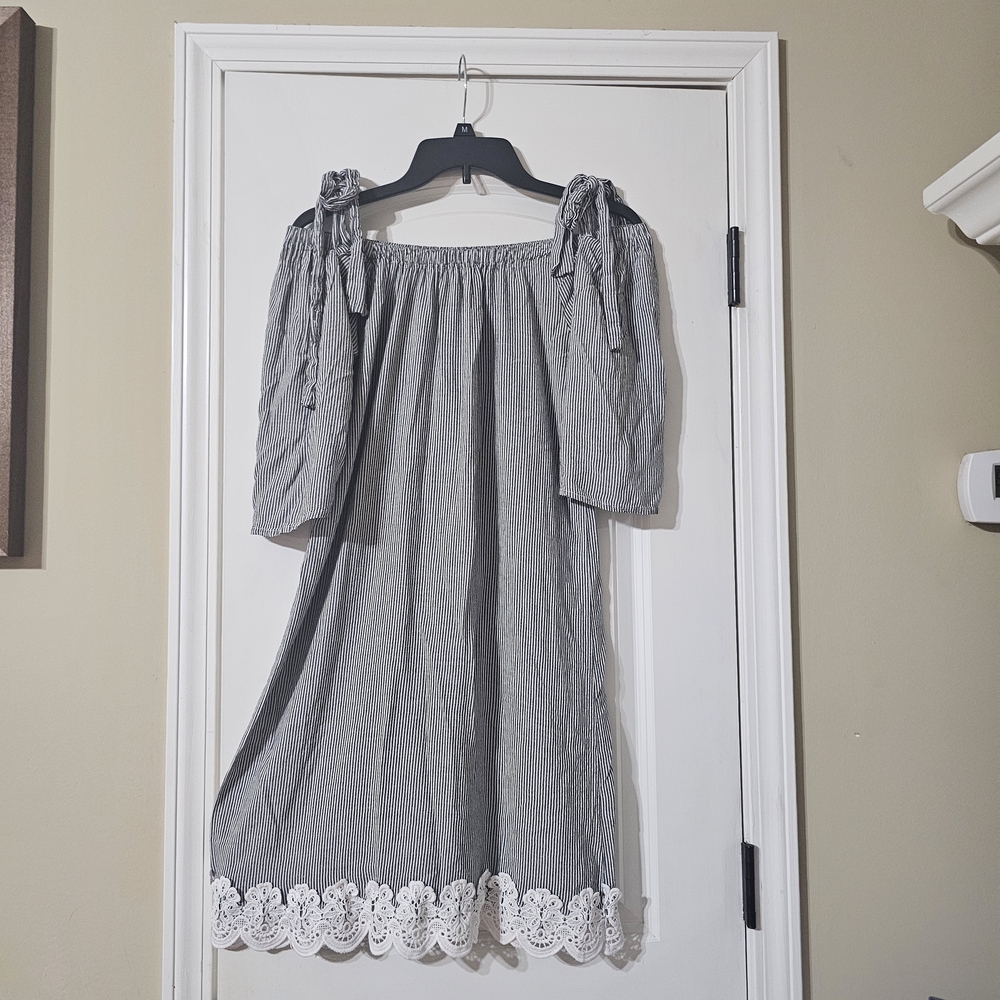 She + Sky Gray Striped Off-Shoulder Dress with White Lace Hem